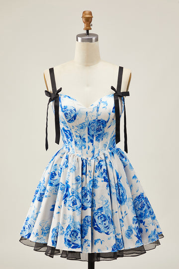 A-Line White Blue Flower Corset Homecoming Dress With Bow